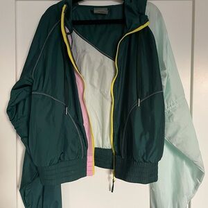 Puma Dark Green Hooded Bomber Jacket with Yellow Zip and Pink Trim